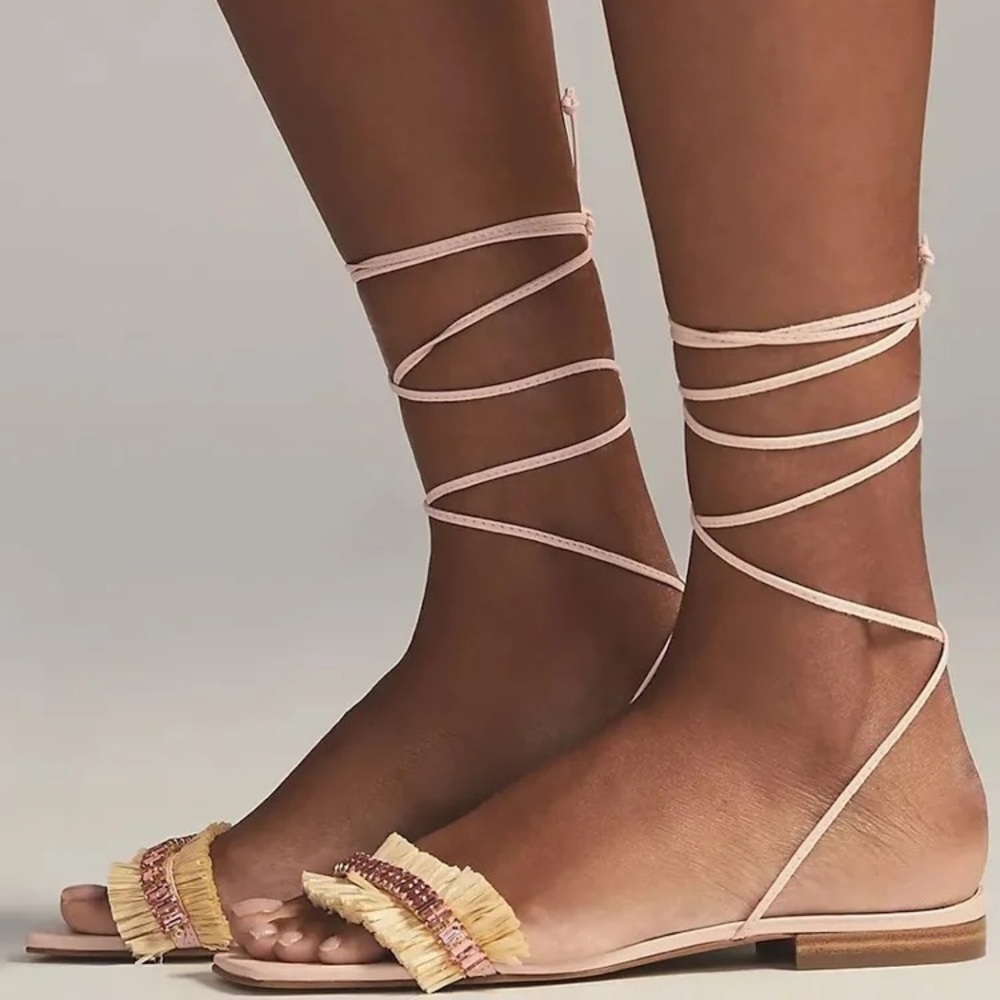Anthropologie Embellished Tie Up Raffia Square Toe Sandals Pink/Rose Size 9